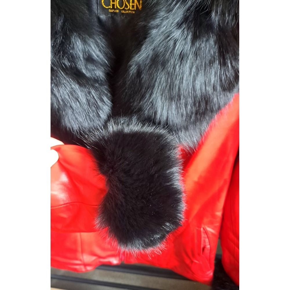 Y2K Vintage Chosen Couture Red Leather Jacket Black Fox Fur Collar Mob Wife - Picture 3 of 11